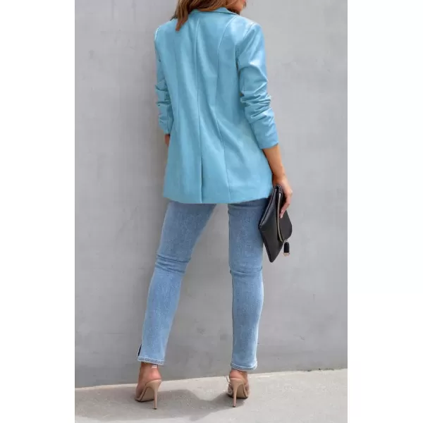 chouyatou Womens Fall Office Work Faux Leather Blazer Jacket Casual Faux Leather JacketBlue