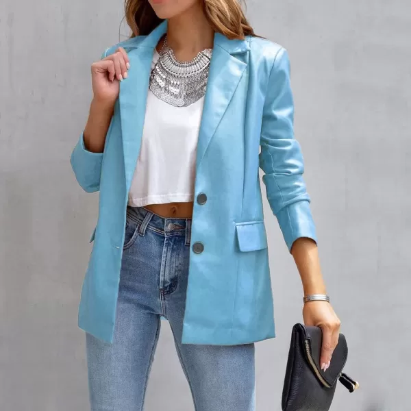 chouyatou Womens Fall Office Work Faux Leather Blazer Jacket Casual Faux Leather JacketBlue