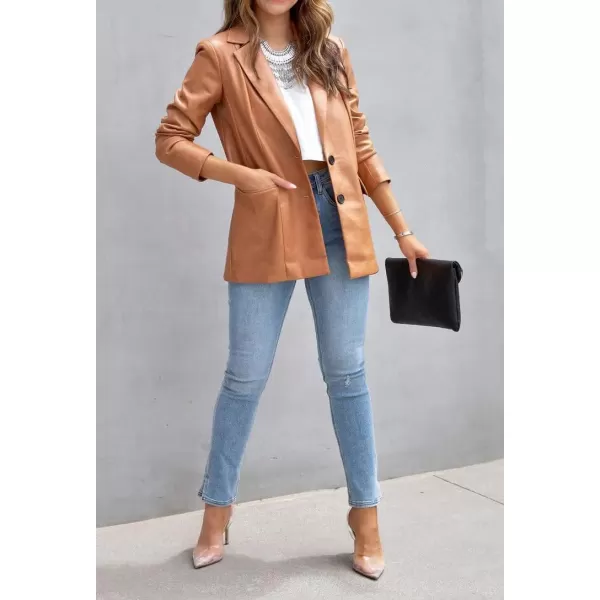 chouyatou Womens Fall Office Work Faux Leather Blazer Jacket Casual Faux Leather JacketBrown