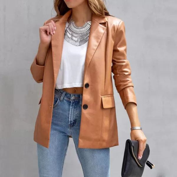 chouyatou Womens Fall Office Work Faux Leather Blazer Jacket Casual Faux Leather JacketBrown