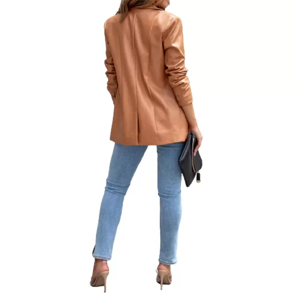 chouyatou Womens Fall Office Work Faux Leather Blazer Jacket Casual Faux Leather JacketBrown
