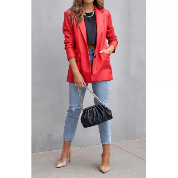 chouyatou Womens Fall Office Work Faux Leather Blazer Jacket Casual Faux Leather JacketRed