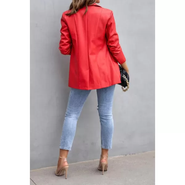 chouyatou Womens Fall Office Work Faux Leather Blazer Jacket Casual Faux Leather JacketRed