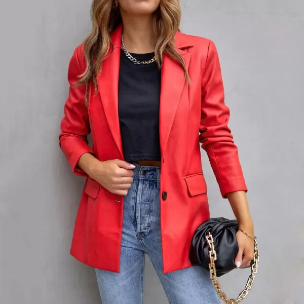 chouyatou Womens Fall Office Work Faux Leather Blazer Jacket Casual Faux Leather JacketRed