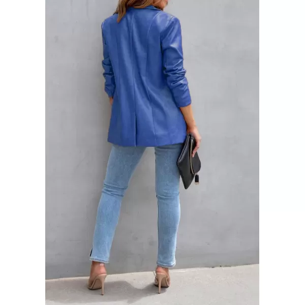 chouyatou Womens Fall Office Work Faux Leather Blazer Jacket Casual Faux Leather JacketRoyal Blue