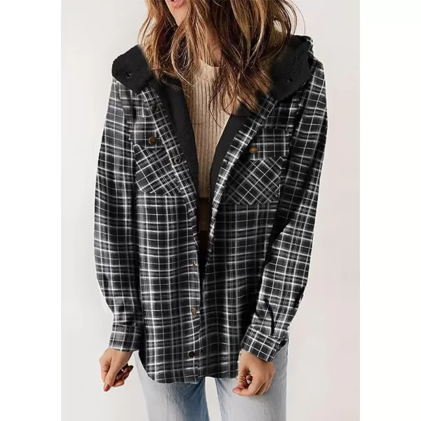 chouyatou Womens Fall Winter Sherpa Lined Plaid Jacket Loose Casual Button Down Checkered Hooded CoatBlack