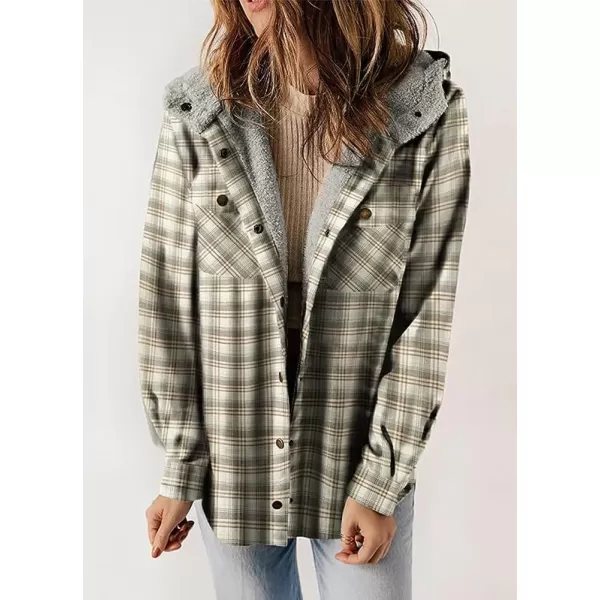 chouyatou Womens Fall Winter Sherpa Lined Plaid Jacket Loose Casual Button Down Checkered Hooded CoatGreen