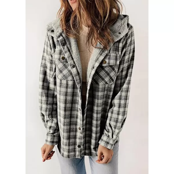 chouyatou Womens Fall Winter Sherpa Lined Plaid Jacket Loose Casual Button Down Checkered Hooded CoatGrey