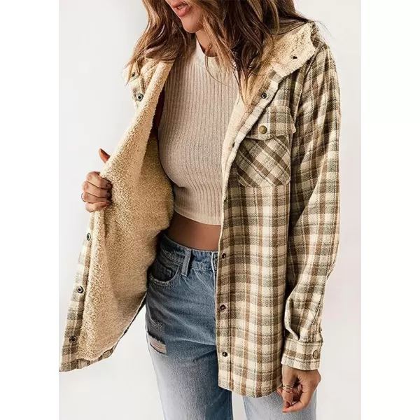 chouyatou Womens Fall Winter Sherpa Lined Plaid Jacket Loose Casual Button Down Checkered Hooded CoatKhaki