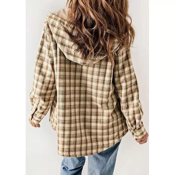 chouyatou Womens Fall Winter Sherpa Lined Plaid Jacket Loose Casual Button Down Checkered Hooded CoatKhaki