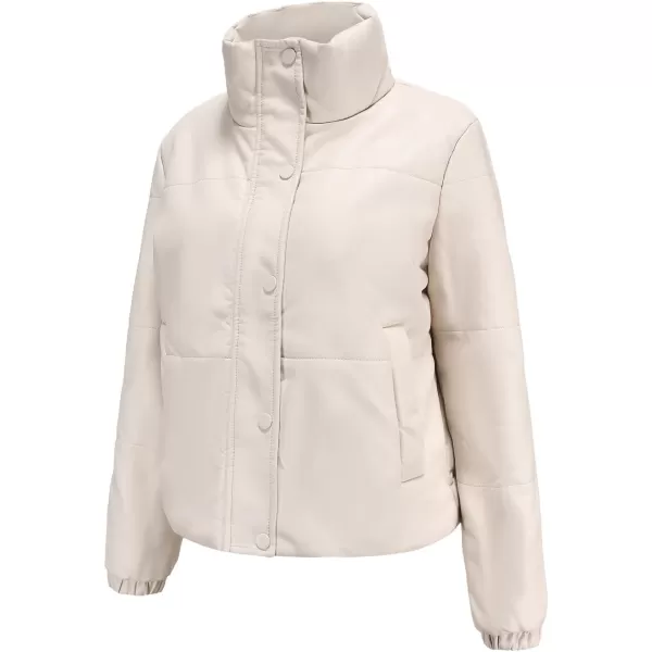 chouyatou Womens Faux Leather Puffer Jacket Long Sleeve Stand Collar Crop Winter CoatBeige