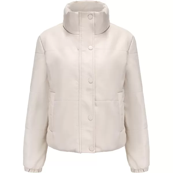 chouyatou Womens Faux Leather Puffer Jacket Long Sleeve Stand Collar Crop Winter CoatBeige