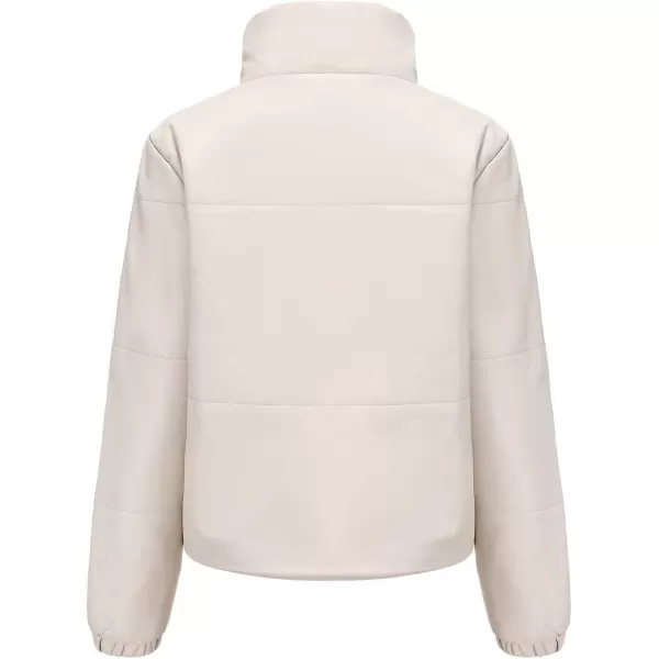 chouyatou Womens Faux Leather Puffer Jacket Long Sleeve Stand Collar Crop Winter CoatBeige