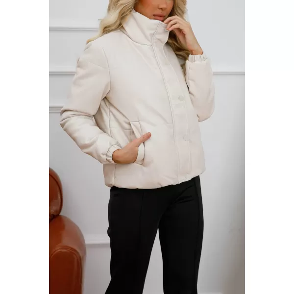 chouyatou Womens Faux Leather Puffer Jacket Long Sleeve Stand Collar Crop Winter CoatBeige