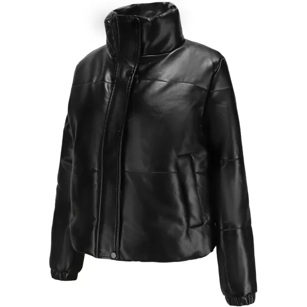 chouyatou Womens Faux Leather Puffer Jacket Long Sleeve Stand Collar Crop Winter CoatBlack