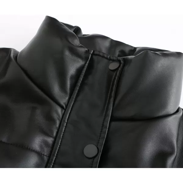 chouyatou Womens Faux Leather Puffer Jacket Long Sleeve Stand Collar Crop Winter CoatBlack