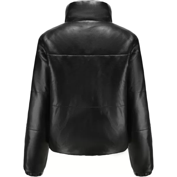 chouyatou Womens Faux Leather Puffer Jacket Long Sleeve Stand Collar Crop Winter CoatBlack
