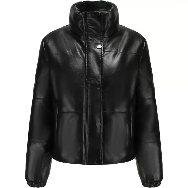 chouyatou Womens Faux Leather Puffer Jacket Long Sleeve Stand Collar Crop Winter CoatBlack