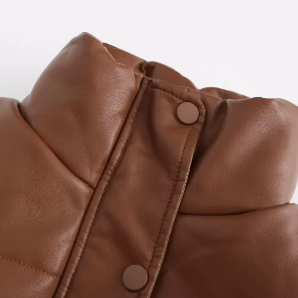 chouyatou Womens Faux Leather Puffer Jacket Long Sleeve Stand Collar Crop Winter CoatBrown