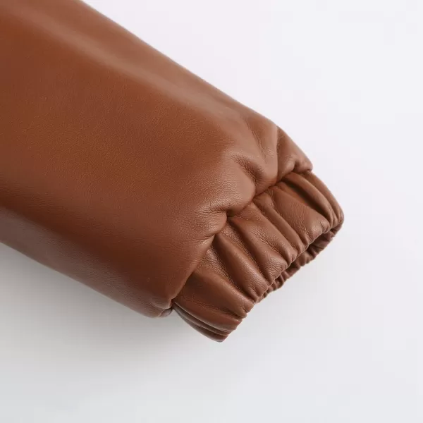 chouyatou Womens Faux Leather Puffer Jacket Long Sleeve Stand Collar Crop Winter CoatBrown