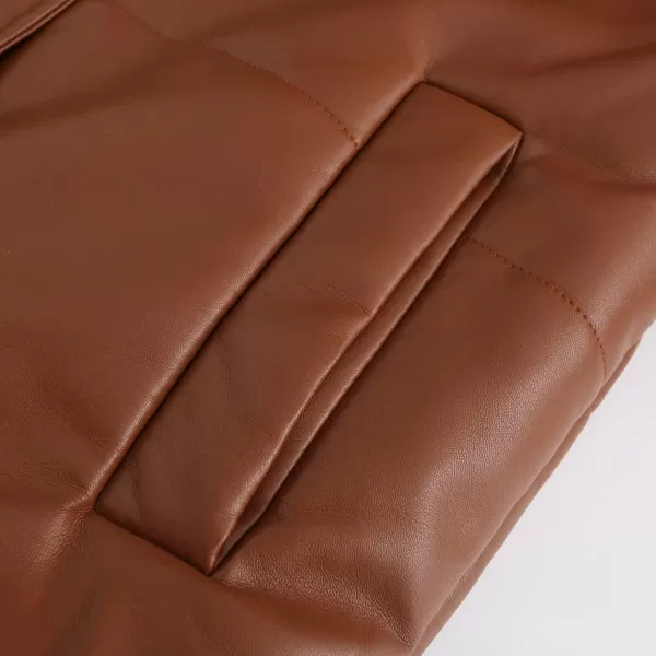 chouyatou Womens Faux Leather Puffer Jacket Long Sleeve Stand Collar Crop Winter CoatBrown