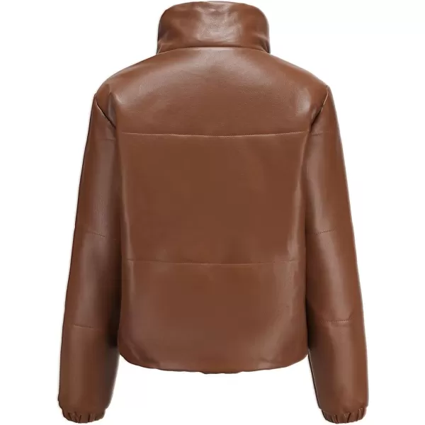 chouyatou Womens Faux Leather Puffer Jacket Long Sleeve Stand Collar Crop Winter CoatBrown