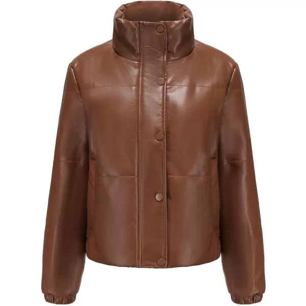 chouyatou Womens Faux Leather Puffer Jacket Long Sleeve Stand Collar Crop Winter CoatBrown