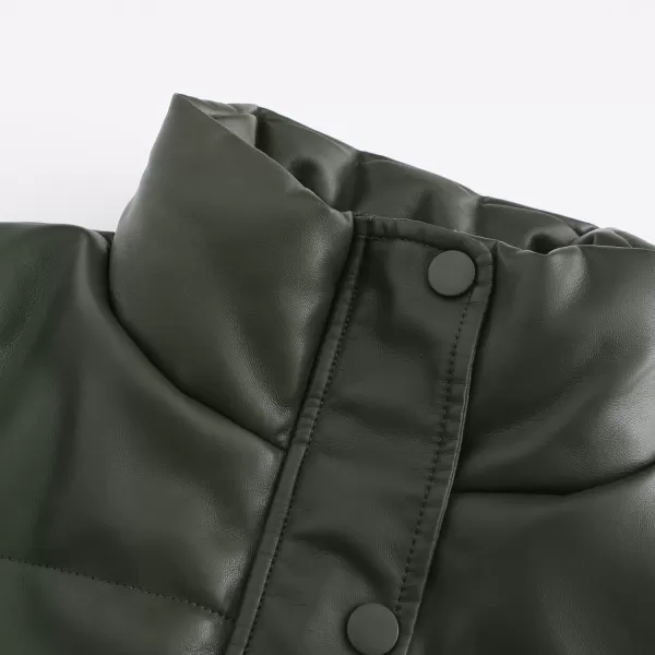 chouyatou Womens Faux Leather Puffer Jacket Long Sleeve Stand Collar Crop Winter CoatOlive Green