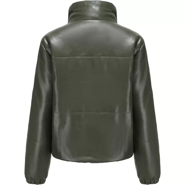 chouyatou Womens Faux Leather Puffer Jacket Long Sleeve Stand Collar Crop Winter CoatOlive Green