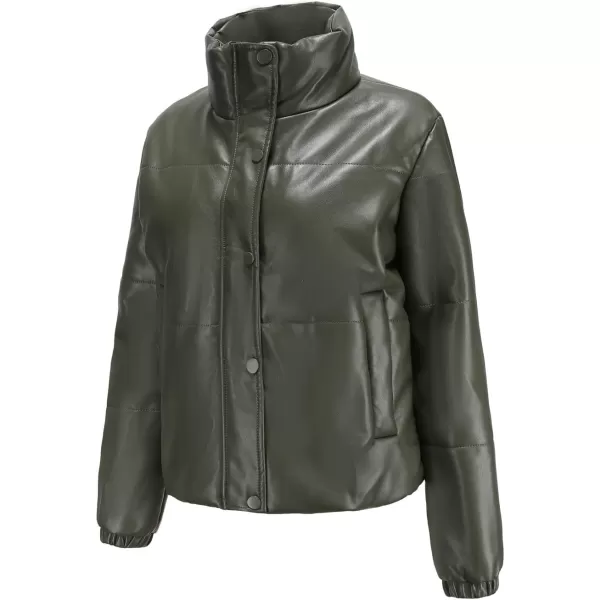 chouyatou Womens Faux Leather Puffer Jacket Long Sleeve Stand Collar Crop Winter CoatOlive Green