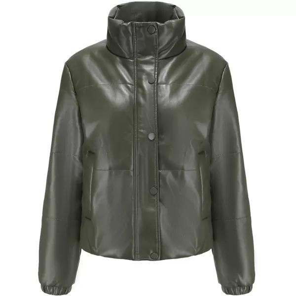 chouyatou Womens Faux Leather Puffer Jacket Long Sleeve Stand Collar Crop Winter CoatOlive Green