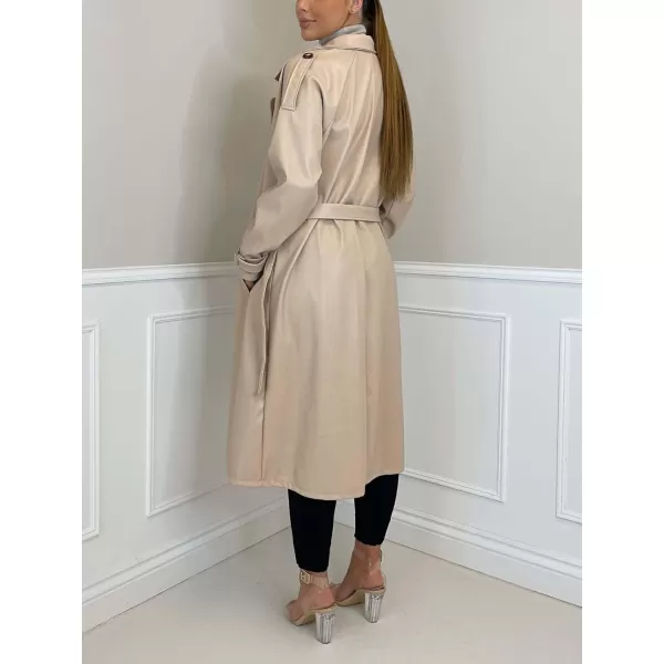 chouyatou Womens Faux Leather Trench Coat Lapel Double Breasted Pu Leather Long Jacket with BeltApricot