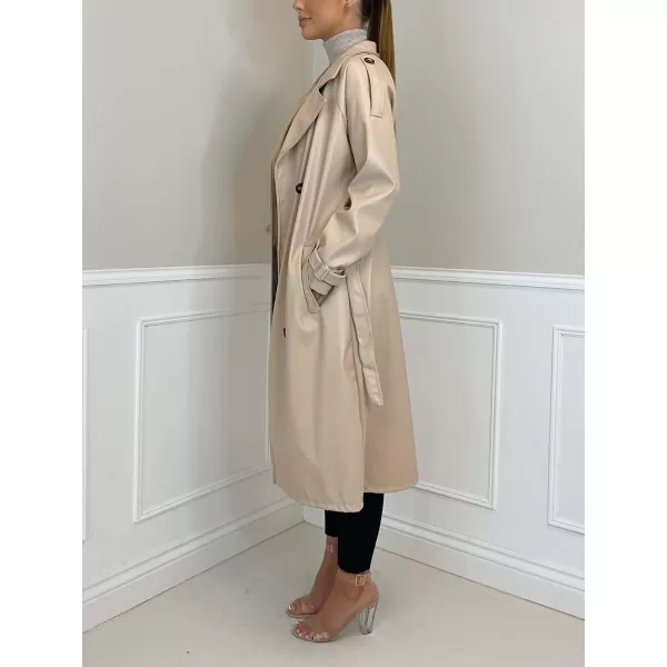 chouyatou Womens Faux Leather Trench Coat Lapel Double Breasted Pu Leather Long Jacket with BeltApricot