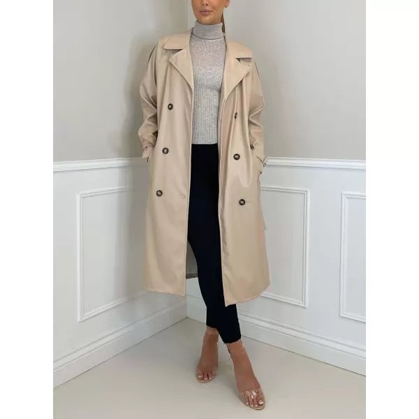 chouyatou Womens Faux Leather Trench Coat Lapel Double Breasted Pu Leather Long Jacket with BeltApricot