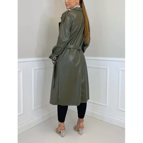 chouyatou Womens Faux Leather Trench Coat Lapel Double Breasted Pu Leather Long Jacket with BeltArmy Green