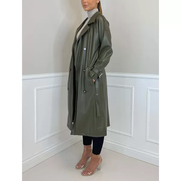 chouyatou Womens Faux Leather Trench Coat Lapel Double Breasted Pu Leather Long Jacket with BeltArmy Green