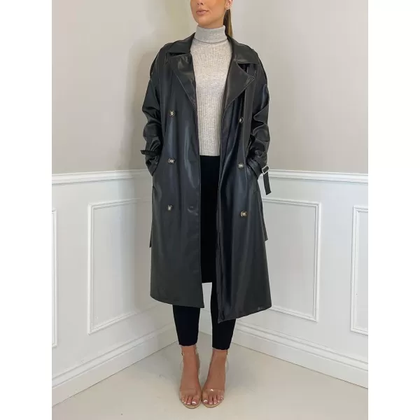 chouyatou Womens Faux Leather Trench Coat Lapel Double Breasted Pu Leather Long Jacket with BeltBlack