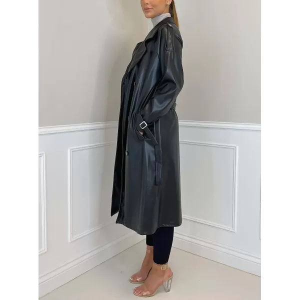 chouyatou Womens Faux Leather Trench Coat Lapel Double Breasted Pu Leather Long Jacket with BeltBlack