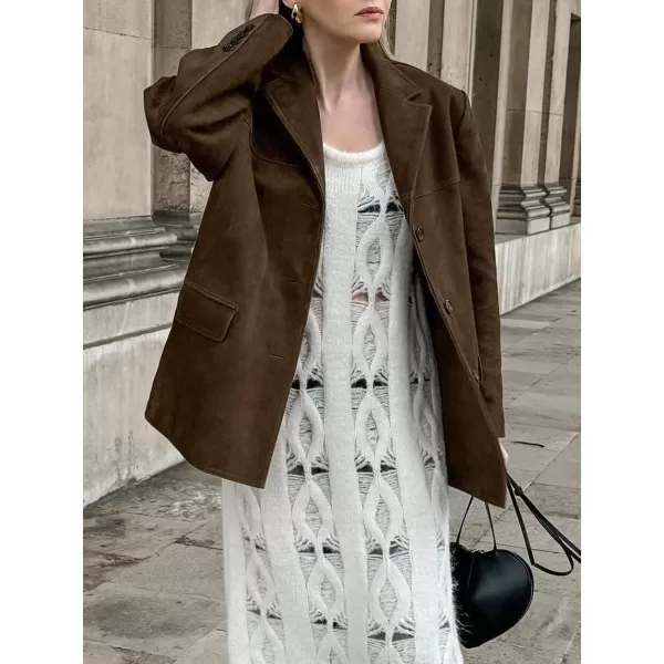 chouyatou Womens Faux Suede Blazer Jacket Notched Lapel Single Breasted Faux Suede Leather Suit JacketCoffee Brown