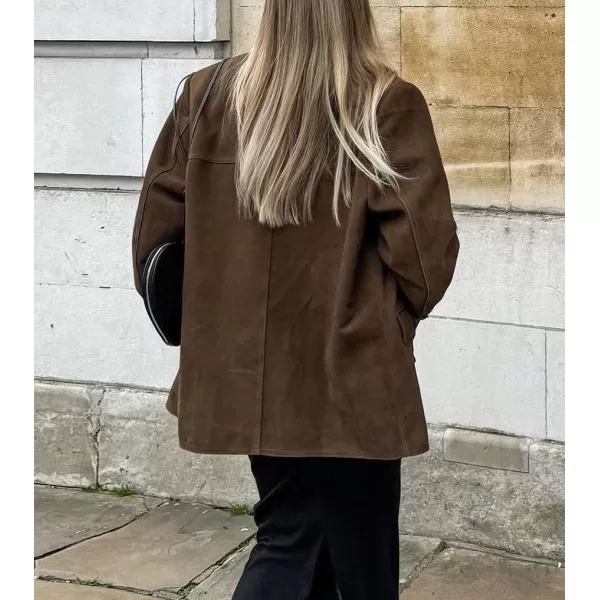 chouyatou Womens Faux Suede Blazer Jacket Notched Lapel Single Breasted Faux Suede Leather Suit JacketCoffee Brown