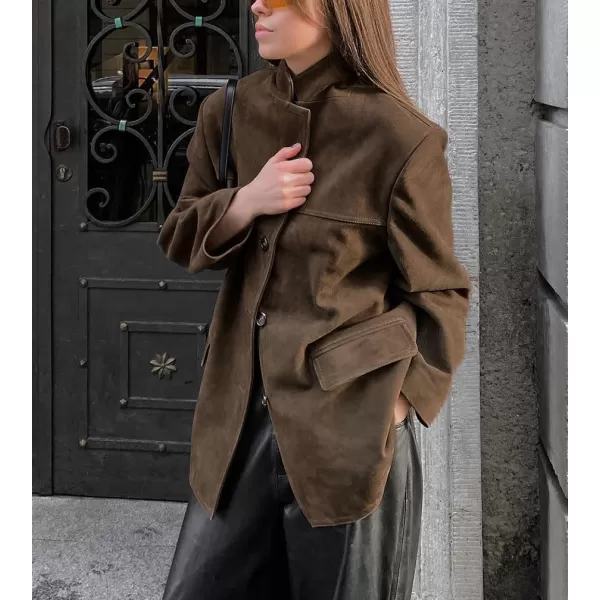 chouyatou Womens Faux Suede Blazer Jacket Notched Lapel Single Breasted Faux Suede Leather Suit JacketCoffee Brown