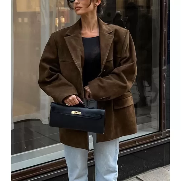 chouyatou Womens Faux Suede Blazer Jacket Notched Lapel Single Breasted Faux Suede Leather Suit JacketCoffee Brown