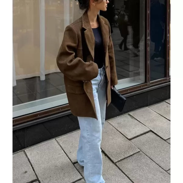 chouyatou Womens Faux Suede Blazer Jacket Notched Lapel Single Breasted Faux Suede Leather Suit JacketCoffee Brown
