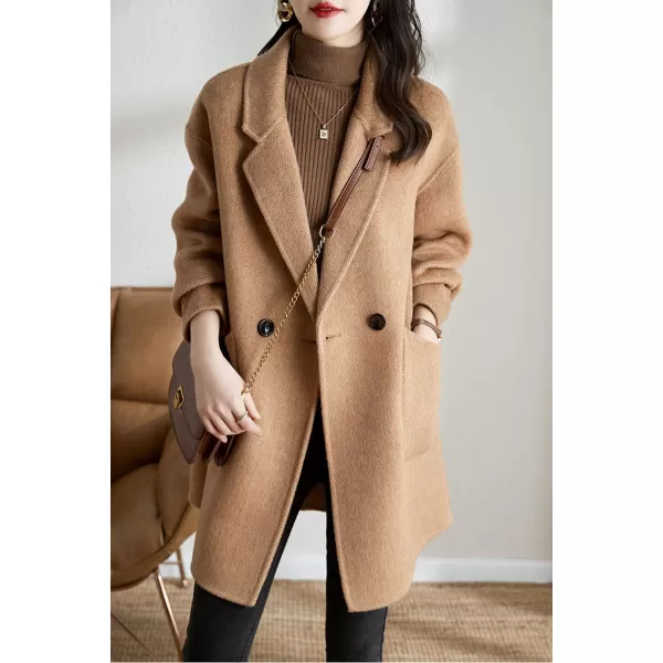 chouyatou Womens Notch Lapel Herringbone Wool Coat Formal Office Work Double Breasted Winter Pea CoatCamel