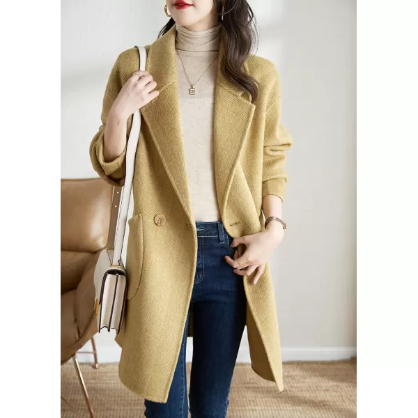 chouyatou Womens Notch Lapel Herringbone Wool Coat Formal Office Work Double Breasted Winter Pea CoatYellow