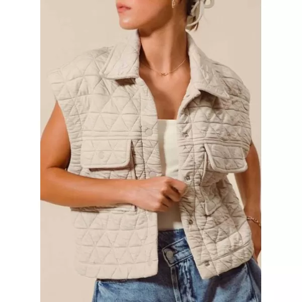 chouyatou Womens Oversized Button Up Puffer Vest Jacket Quilted Lightweight Winter Padded Coat TopsBeige