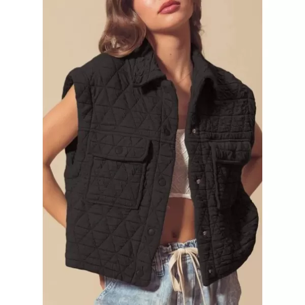 chouyatou Womens Oversized Button Up Puffer Vest Jacket Quilted Lightweight Winter Padded Coat TopsBlack