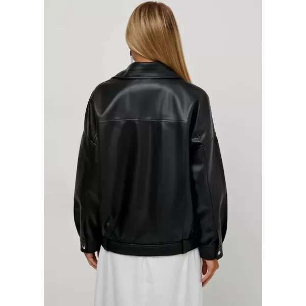 chouyatou Womens Oversized Pu Faux Leather Jacket Notch Lapel Collar Moto Biker Short Jacket CoatBlack