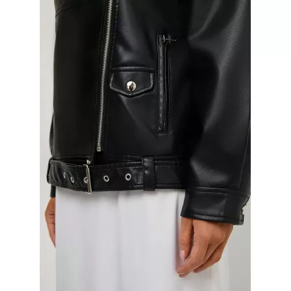 chouyatou Womens Oversized Pu Faux Leather Jacket Notch Lapel Collar Moto Biker Short Jacket CoatBlack