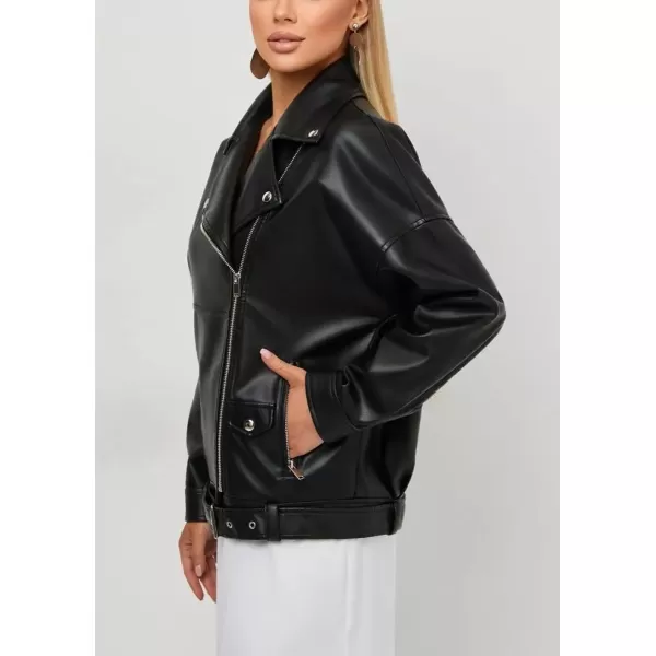 chouyatou Womens Oversized Pu Faux Leather Jacket Notch Lapel Collar Moto Biker Short Jacket CoatBlack